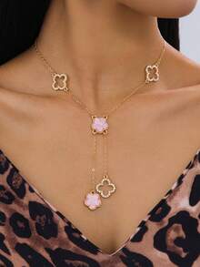 1 pieza Collar con colgante de trébol hueco con brillantes de lujo, clásico y elegante, de color rosa, dulce y con suerte, para mujeres - Rosa - Ver 1