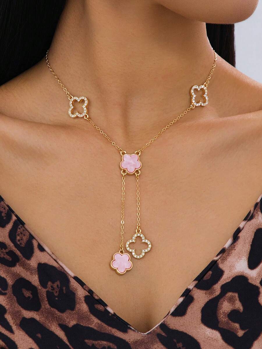 1 pieza Collar con colgante de trébol hueco con brillantes de lujo, clásico y elegante, de color rosa, dulce y con suerte, para mujeres - Rosa - Ver 1
