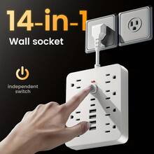 Regleta de Alimentación,Extensor de toma de corriente múltiple con USB, Extensor de enchufe múltiple 14 en 1 con USB, divisor de toma de corriente eléctrica de pared con 3 puertos USB (1 USB C) y 8 tomas y2 puertos de carga type-c de corriente, carga de pared - Tipo de Enchufe B USA (110-127V) - Ver 1