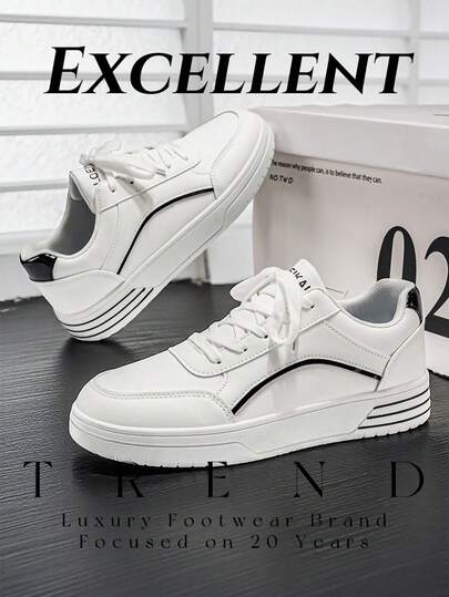 2026 New Men's Shoes, White & Gray Color Block Low-Top Sneakers, Thick Sole Elevated Casual Shoes, Versatile For All Seasons, PU Leather Breathable Footwear