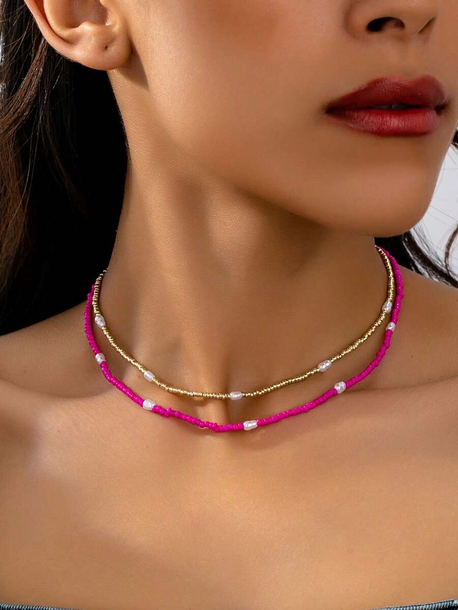 2pcs Fashionable Bohemian Minimalist Pearl Beaded Necklace Set For Women - Hot Pink - View 1