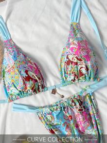 2件套新款软杯可调节肩带印花系带大码优雅派对比基尼泳装，夏季沙滩时尚泳装，女士度假必备 - 彩色 - 查看 7