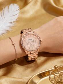 Fossil 女士玫瑰金不锈钢计时腕表，奢华水晶钻石表圈，优雅罗马数字表盘，时尚闪耀石英手链腕表，送给她的时尚魅力礼物 - 玫瑰金 - 查看 2