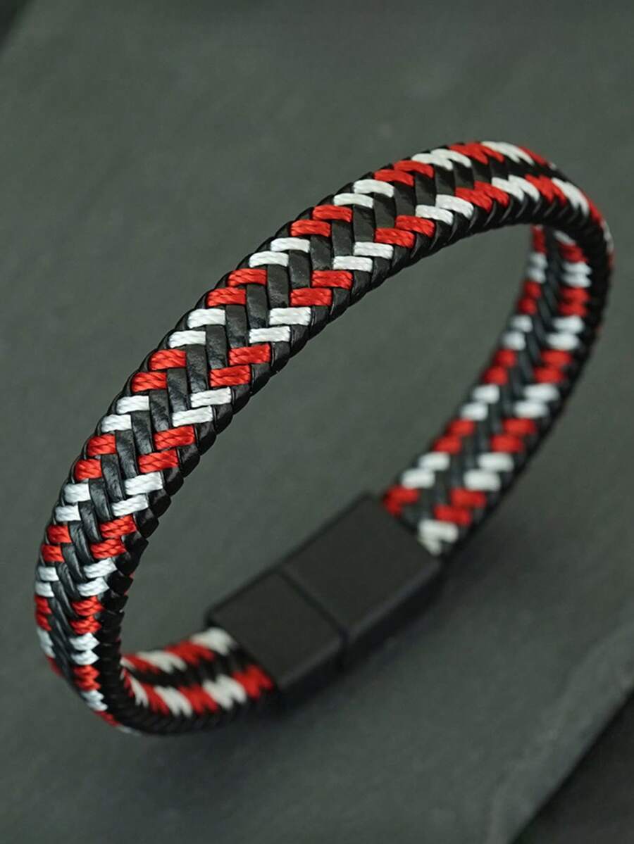 diffone 极简主义PU皮革绳编织手镯手链吊坠黑色磁性男士腕带饰品 - 皮革手鐲 - 查看 1