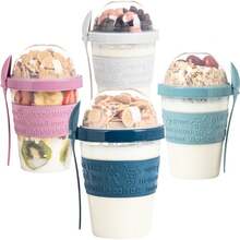 4 tazas de yogur parfait para desaysobre la marcha, recipientes de plástico reutilizables con tapas y cucharas, taza de yogur pa - Ver 2