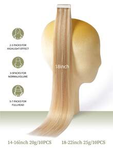 DNE HAIR 10片装100%真人发胶带式接发片 #P18/613 脏金色挑染直发 14-22英寸 丝滑无痕隐形优质高密度接发片，适合头发稀疏及沙龙使用，适合所有女性日常佩戴 - S18/613 - 查看 4