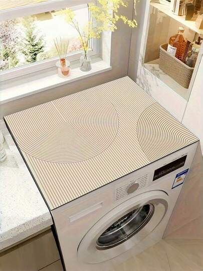1 pieza Cubierta protectora moderna y geométrica con rayas para lavadora y secadora, color crema con superficie antideslizante y de secado rápido con alta absorción, cubierta duradera y resistente al desgaste, impermeable y a prueba de polvo para lavadoras y secadoras de carga frontal, alfombrilla protectora antideslizante y de tela suave y absorbente, accesorio decorativo y con estilo contemporáneo para la sala de lavandería