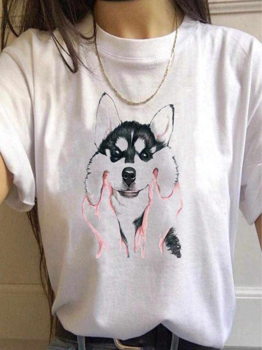 Cute Husky Print Women T-Shirts Summer Short Sleeve O-Neck Funny T Shirt Plus Size Hot Tops Female Clothes - trắng - Xem 1
