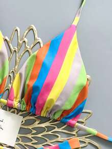 两件套条纹印花比基尼套装，休闲可爱优雅性感波西米亚风系带比基尼，适合海滩度假、春夏穿着 - 彩色 - 查看 4