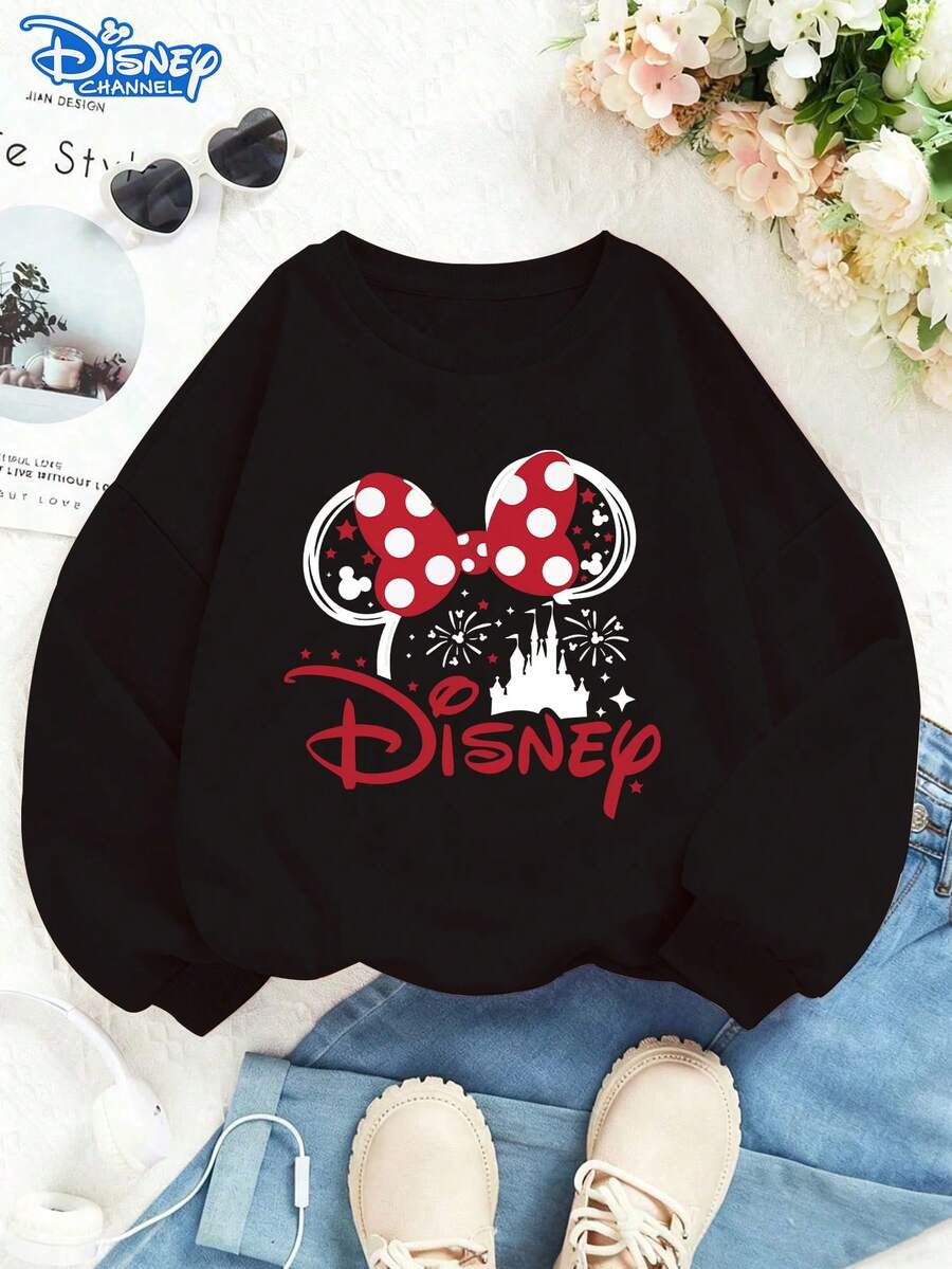 Disney Minnie Mouse "Magic Bow" Pink Pullover Sweatshirt, Adorable Castle & Firework Print, Cozy Crewneck, Durable Fabric, Ideal For Fall & Winter, Cute & Whimsical, Unisex - 黑色 - 查看 1