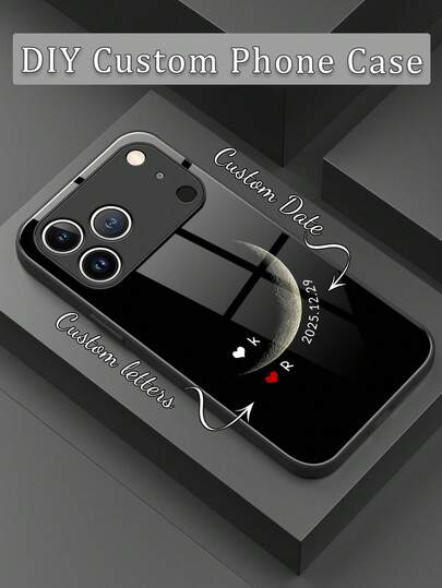 1pc Customized Letter Anniversary Date Phone Case, Moonlight Imprint Pattern Liquid TPU Full Edge + Tempered Glass Material Shock-Resistant Scratch-Resistant Phone Cover Compatible With Apple 17 ProMax/16 ProMax/15 Pro/14 Plus/13 Pro/12 Pro Max/11/Xs Max/8/7/6 Plus And S24 Ultra/S25 Ultra, / Phone Accessories