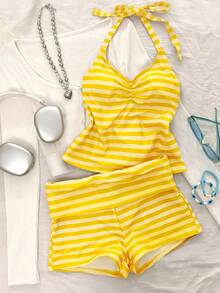 Women's Two-Piece Swimwear, Elegant Sexy Striped Print Short Swim Top With Shorts Yellow - Yellow - View 7