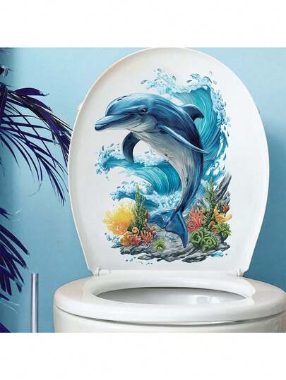 1pc Cute Dolphin Ocean Theme Toilet Sticker, Cartoon Ocean Dolphin Seaweed Pattern, Self-Adhesive Removable, Create Fun Ocean Atmosphere In Bathroom, Bathroom Ocean Decor Sticker Set, Coordinated With Tank And Tiles, Instantly Upgrade Bathroom To Ocean Style, Easy To Peel And Stick To Refresh Toilet, Inject Playful Vitality Into Space