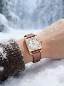 DOM 1 chiếc đồng hồ đeo tay nữ công sở mặt chữ nhật chống nước, thời trang và thanh lịch, dây da màu nâu mocha, thích hợp đeo hàng ngày. - Màu nâu  Mocha - Xem 2