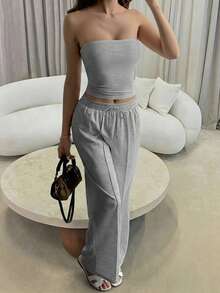 Vaiaye 两件套秋季套装，包括修身性感露肩短款上衣和弹力纯色修身瑜伽抹胸上衣，以及春夏裤装。 - 花灰色 - 查看 9