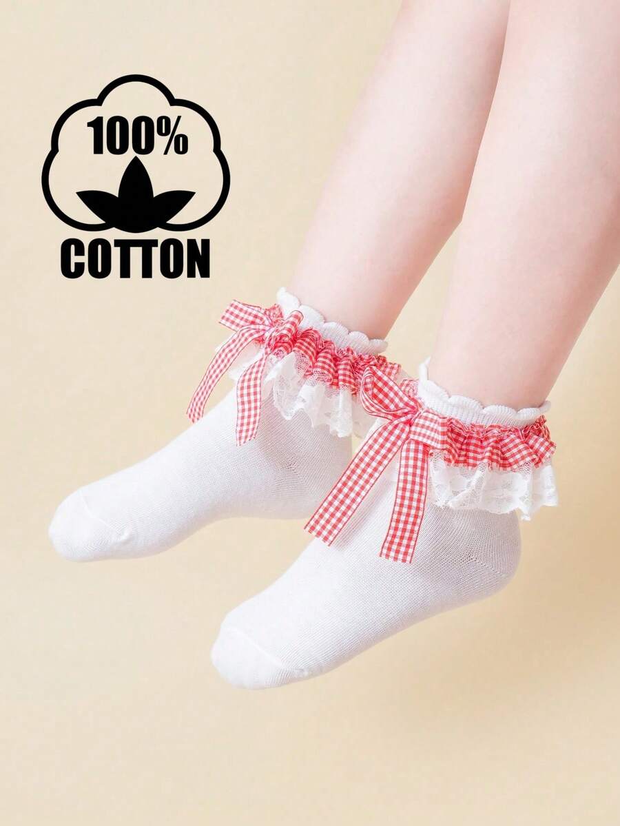 1双棉质儿童蕾丝格子蝴蝶结荷叶边舞蹈公主时尚百搭派对袜 - 白色 - 查看 1