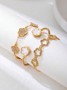 Bộ 1 vòng tay thời trang mới, đa năng, tối giản, thanh lịch, sang trọng, lấp lánh họa tiết hoa dành cho nữ, phù hợp để đeo hàng ngày, dự đám cưới, lễ đính hôn. - Vàng - Xem 1