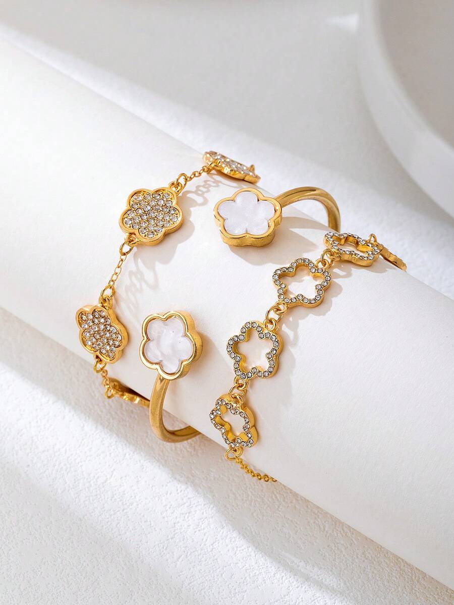 Bộ 1 vòng tay thời trang mới, đa năng, tối giản, thanh lịch, sang trọng, lấp lánh họa tiết hoa dành cho nữ, phù hợp để đeo hàng ngày, dự đám cưới, lễ đính hôn. - Vàng - Xem 1