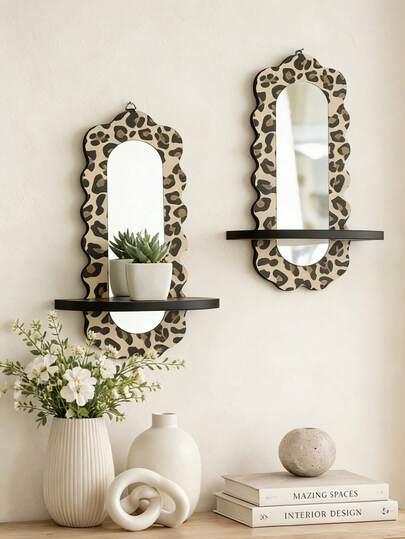 1/2pcs Leopard Print Decorative Wall Mirror With Shelf, Modern Boho Style Home Decor Mirror Frame For Living Room, Bedroom, Entryway, Bathroom, Vanity, Apartment, Cafe, Bar, Gallery