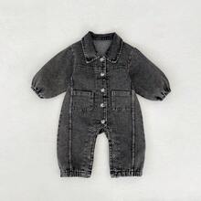 春秋季新款婴儿服装，男女宝宝宽松牛仔连体衣，翻领小熊刺绣长袖按扣牛仔连体衣 - 黑色 - 查看 6