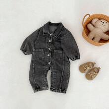 春秋季新款婴儿服装，男女宝宝宽松牛仔连体衣，翻领小熊刺绣长袖按扣牛仔连体衣 - 黑色 - 查看 4