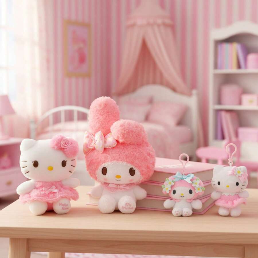 Official Licensed Sanrio Hello Kitty & My Melody Rose Bouquet Series Plush Dolls And Floral Theme Keychain Charms – Large Rose Collection Stuffed Toys (Height 24–32 Cm / 9.4–12.6 Inch) & Mini Flower Accent Plush Bag Charms (Height 11 Cm / 4.3 Inch) – Soft Cuddly Cartoon Plushies For Bedroom Decor, Travel Accessories & Collectible Gifts - 彩色 - 查看 1