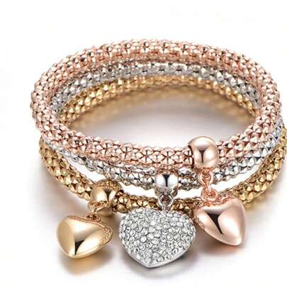 Set de 3 piezas Pulsera elástica de cadena de palomitas de maíz de colores con colgante de corazón de diamante de imitación, estilo europeo y americano