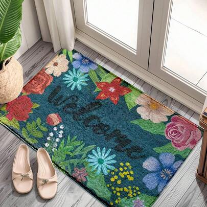 1pc Spring/Summer Series Vintage Style Orange Yellow Flower & Green Leaf, Sunflower Bouquet, Elegant European Floral Border Print TPR Bottom Doormat, Bathroom Mat, Kitchen Mat, Laundry Room Mat, Holiday Decor, Home Decor, Party Decor, Wedding Decor, Dining Decor