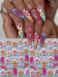 2pcs/Set Summer Ocean Style 5D Embossed Hibiscus Stickers, Shell & Jellyfish Pattern Self-Adhesive Nail Art Decorations, Women Manicure Supplies - Multicolor - View 2