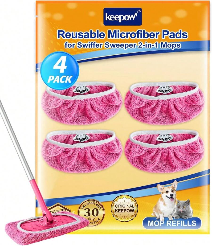 Reusable Wet Pads Refills Compatible With  Sweeper Mop, Dry Sweeping Cloths, Microfiber Wet Mopping Cloths For Hardwood Floor Cleaning, 6 Pack (Mop Is Not Included) - Bộ 4 màu hồng - Xem 1
