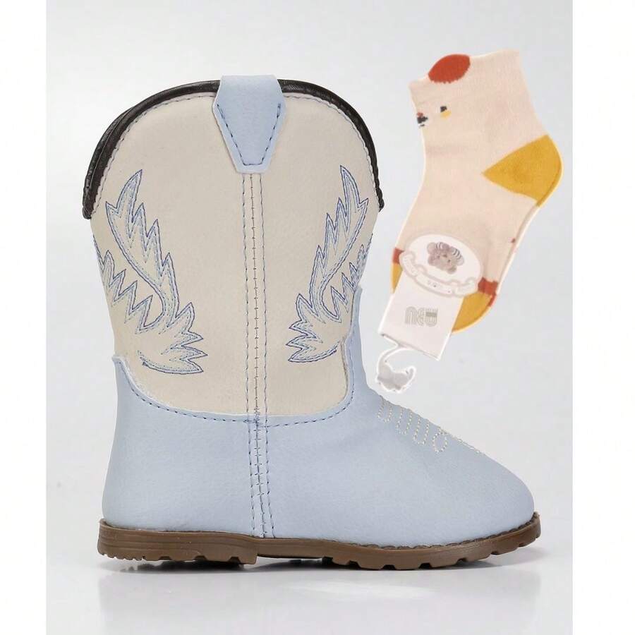 Baby Girl/Boy Texan Boot Set, Soft And Comfortable Baby Shoes + Cotton Socks FARMFUN - Mati dan Biru - View 1