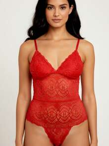 Body Neon Renda Sexy Luxo Uso Dia A Dia BRYRN024 Renda Peça em V - Vermelho - Visão 3