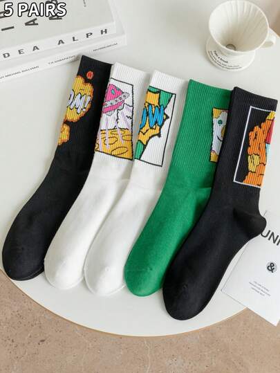 5 pares de calcetines de media pantorrilla para hombres con diseño propio de patrones de explosión de ovnis, estampados de dibujos animados lindos, mezcla de algodón transpirable que absorbe la humedad, adecuados para uso diario y en el hogar