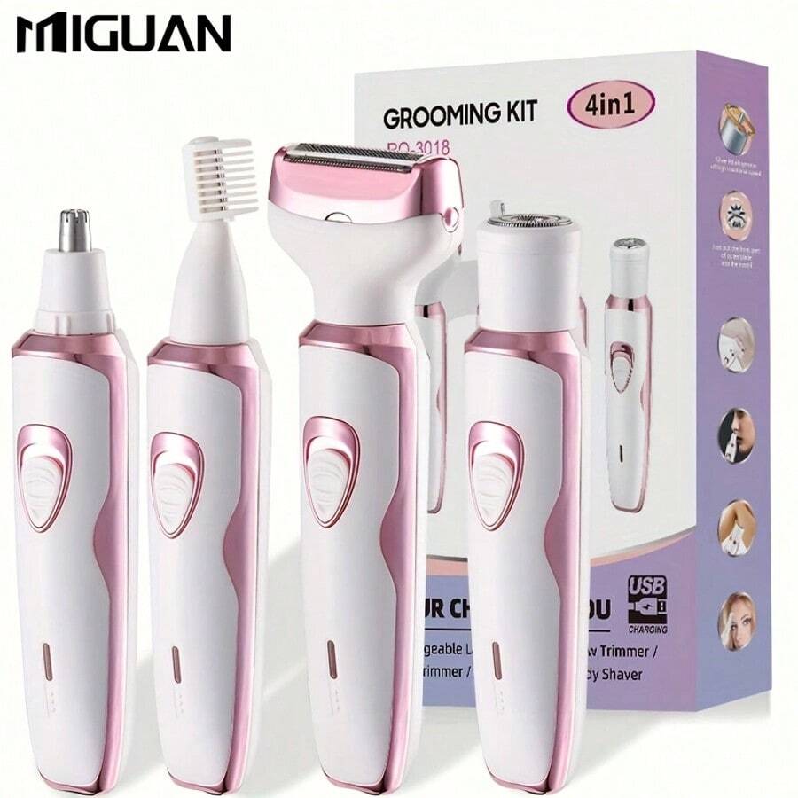 4合1女性電動除毛器 / 女性多功能電動除毛套組 / 女性比基尼修剪器 / USB充電 / 適用於眉毛、鼻子、臉部、腿部除毛 / 便攜溫和女性禮物 母親節禮物 電池容量 500mAh