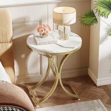 LITTLE TREE Round End Table With Gold Metal Legs,23.6-Inch Modern Faux Marble Side Table, Small Nightstand,Small Coffee Table For Living Room Bedroom Small Space, White Gold - 白色和金色 - 查看 5