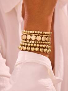 Set de 6 piezas de pulsera con cuentas geométricas cuadradas, redondas y con colgante de estrella de CCB de estilo minimalista y moderno, adecuado para uso diario, casual, vacaciones, Ramadán y como regalo de cumpleaños - Dorado - Ver 5