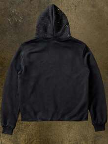 Oversized Black Hoodies Vacation Outfits For Men, Fallen Desire Letter Embroidered Casual Pullover Street Hip-Hop Style Sports Top Valentine'S Day Couple Outfits - 黑色 - 查看 2