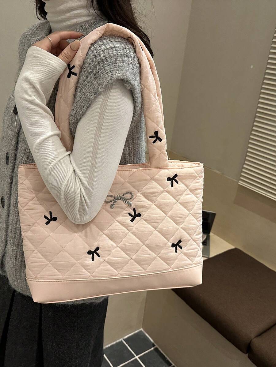 New Rhombus Bow Fashionable Korean Version Large Capacity Casual Unique Shoulder Tote Bag - Pink - View 1