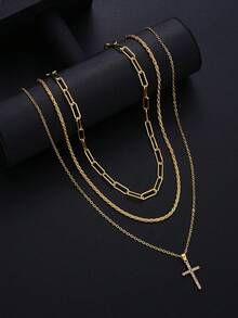 5pcs Punk Style Cross Necklace Set, Rhinestone Chain Bracelet Set, Rings, Men's Jewelry Set, Suitable For Vacation, Date, Daily, Casual, Party - Yellow Gold - View 3