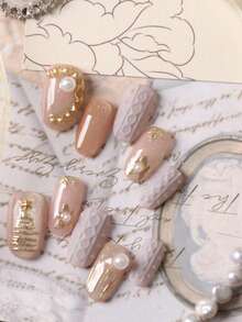 10pcs Press On Nails Cat's Eye Golden Flower Sweater Texture Nail Supplies Nails Press On Short Nail Fake Nails Artificial Nails Kit Includes 1sheet Adhesive Tabs &1 Pc Mini File - Multicolor - View 1