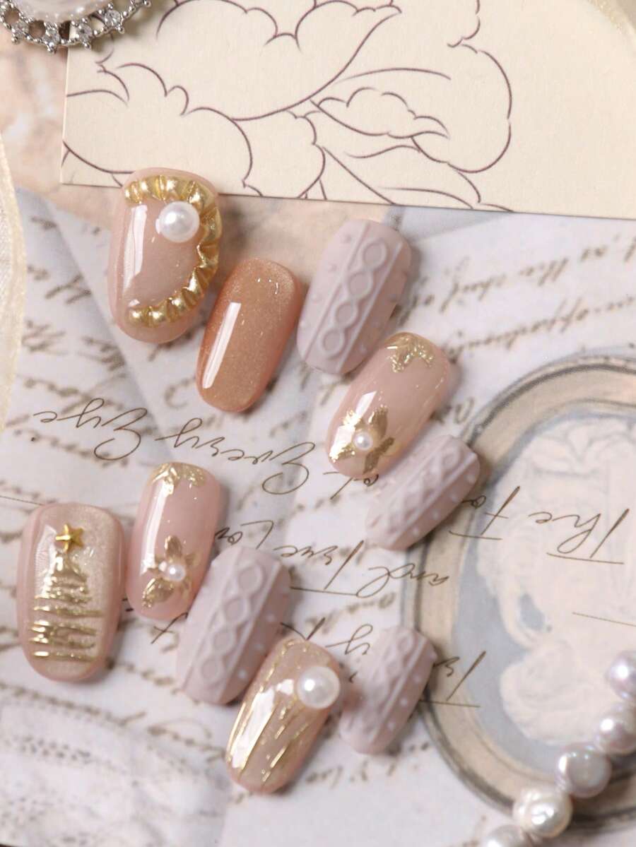 10pcs Press On Nails Cat's Eye Golden Flower Sweater Texture Nail Supplies Nails Press On Short Nail Fake Nails Artificial Nails Kit Includes 1sheet Adhesive Tabs &1 Pc Mini File - Multicolor - View 1