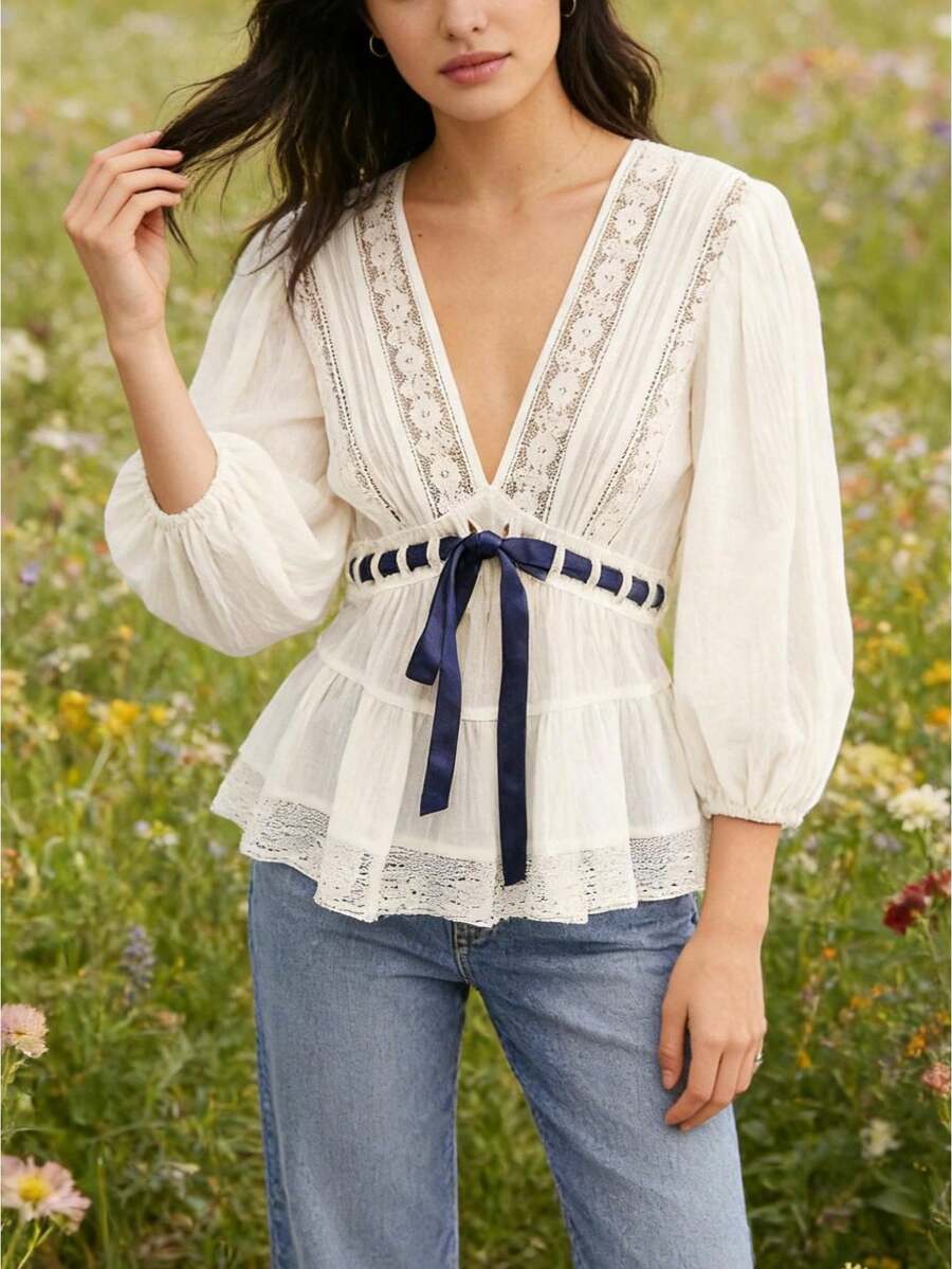 Women's Deep V-Neck Blouse Lace Patchwork 3/4 Sleeve Cinched Waist Bow Tie Front Slim Peplum Tops Streetwear - trắng - Xem 1