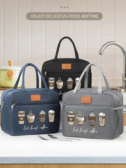 Zippered Insulated Bag, Printed With The "Four Cups Of Coffee" Pattern, Paired With Black Cutlery Storage Bag, Double Pocket Zippered Lunch Box Bag, Large Capacity Student Meal Insulated Refrigerated Bag, Portable Travel Picnic Bag, Office School Lunch Bag Insulated Lunch Box, Work Lunch Box, Office Holiday Lunch Box, And Multi-Functional Camping School Lunch Box For Men And Women