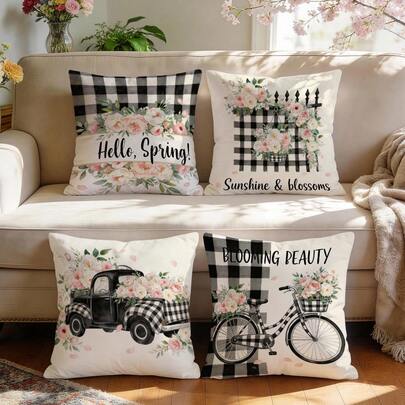 4pcs Black & White Plaid Floral Bicycle & Car Graphic Pillow Covers, Single-Sided Printed Cushion Covers, Suitable For Living Room, Bedroom, Home Decor, All Seasons