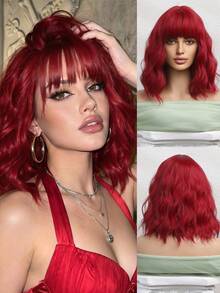 Elegant Short Curly Bobo Wig With Bangs - Heat Resistant Synthetic Hair, 100% Silk, Matte Texture, Heat Resistant, Curly Style, Breathable Rose Net Cap, Suitable For Cosplay And Halloween Parties - Red - View 12