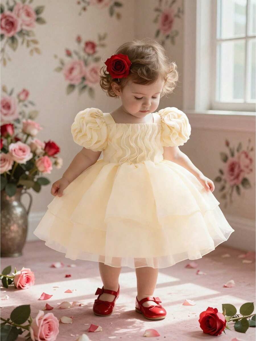 Baby Girls' Square Neck Ruffle Organza Cute Minimalist Princess Dress, Suitable For 1st Birthday Party, Wedding, Banquet, Vacation, Photo Shoot, Excluding Headband - Champagne - View 1