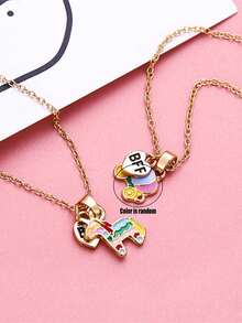 2pcs/Set Girls' Zinc Alloy Colorful Enamel Flower Pendant Necklace Set, Includes Heart-Shaped BFF Charm, Suitable For Daily Wear And Sharing With Best Friends - one-size - View 5