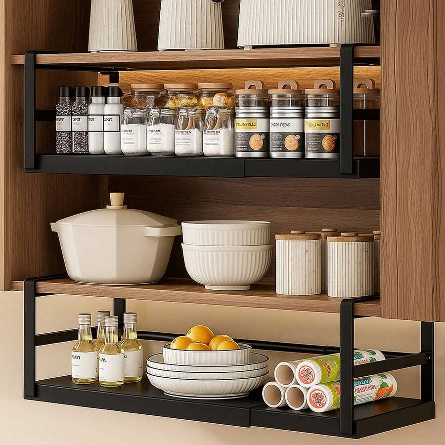Expandable Under Shelf Storage Basket | Metal Hanging Seasoning Rack, Space-Saving Organizer For Kitchen, Office & Bathroom Cupboards - Black - L - View 1