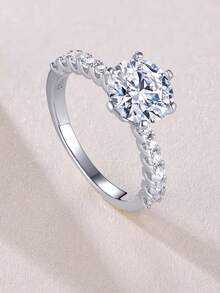 925纯银莫桑石戒指，低过敏性，订婚/结婚戒指，简约别致设计，百搭日常佩戴，婚礼/周年纪念/生日礼物，礼盒包装 - 銀色 - 查看 6