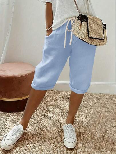 Women's Solid Color Drawstring Waist Pocket Casual Bermuda Shorts Summer